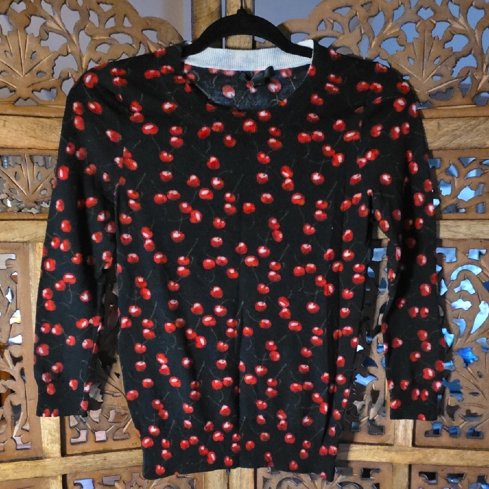 🌟 J. Crew Black Top with Red Cherry Design